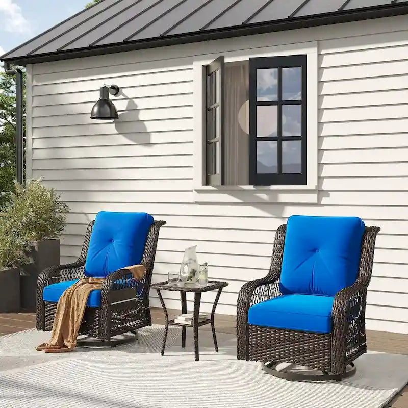 Ensemble de 3 fauteuils à bascule d'extérieur en rotin avec éclairage LED, coussins et table d'appoint