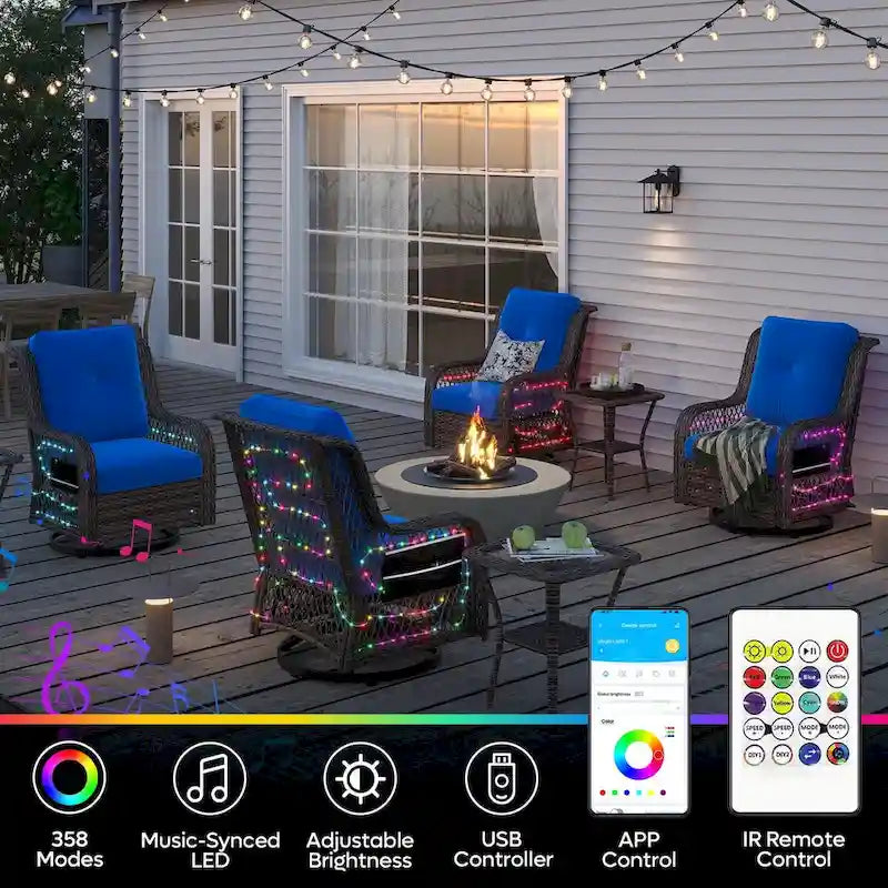 Ensemble de 3 fauteuils à bascule d'extérieur en rotin avec éclairage LED, coussins et table d'appoint