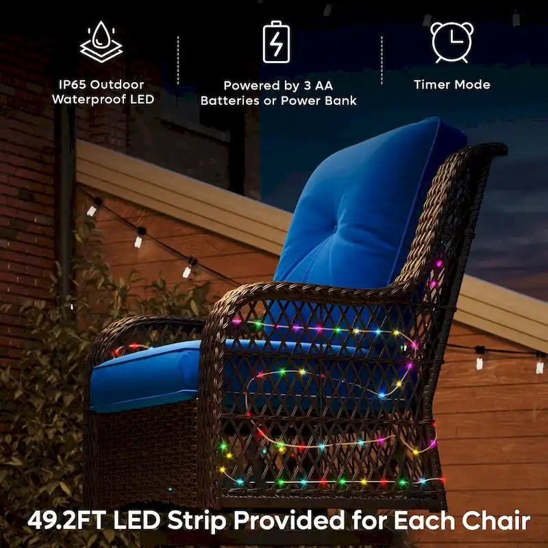 Ensemble de 3 fauteuils à bascule d'extérieur en rotin avec éclairage LED, coussins et table d'appoint