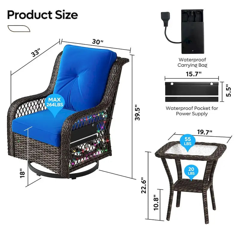 Ensemble de 3 fauteuils à bascule d'extérieur en rotin avec éclairage LED, coussins et table d'appoint