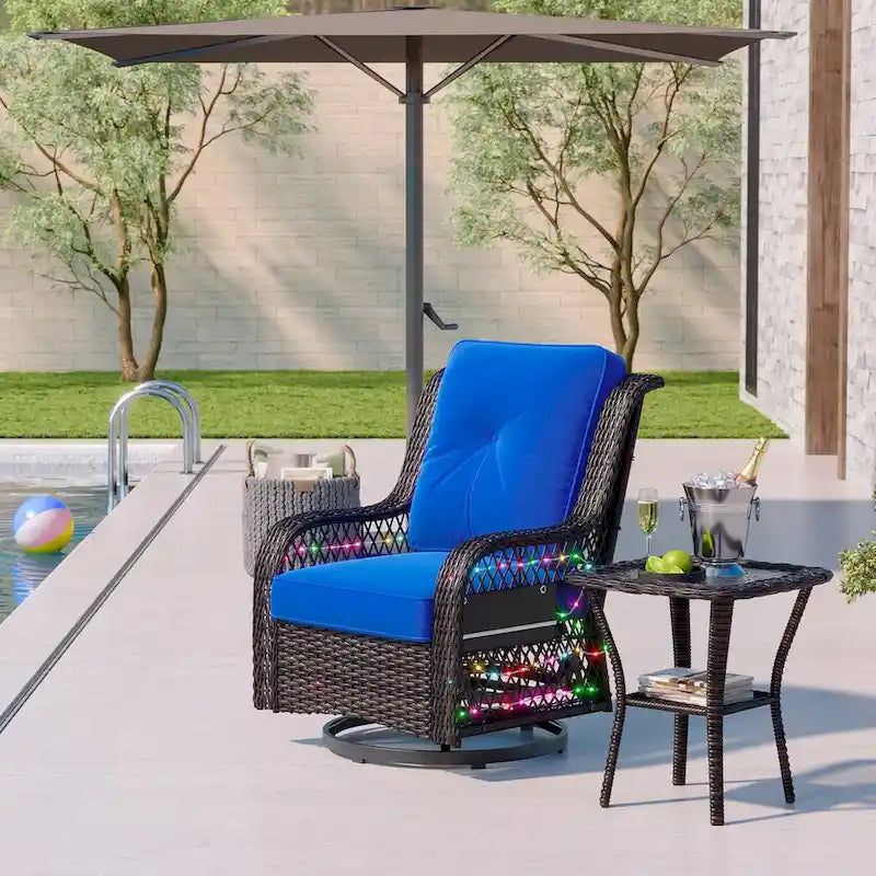 Ensemble de 3 fauteuils à bascule d'extérieur en rotin avec éclairage LED, coussins et table d'appoint