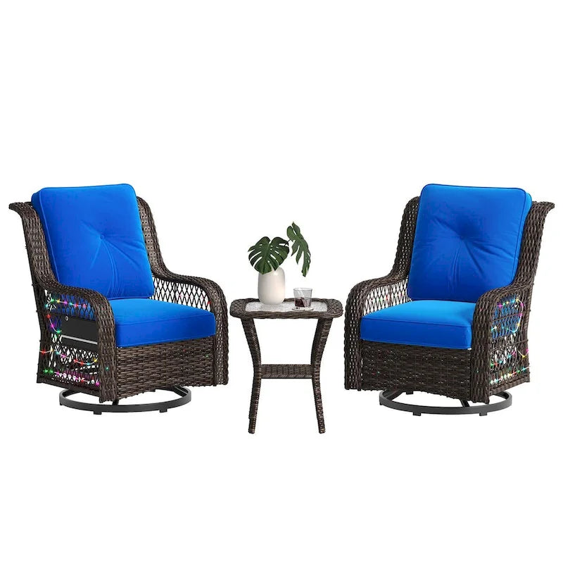 Ensemble de 3 fauteuils à bascule d'extérieur en rotin avec éclairage LED, coussins et table d'appoint