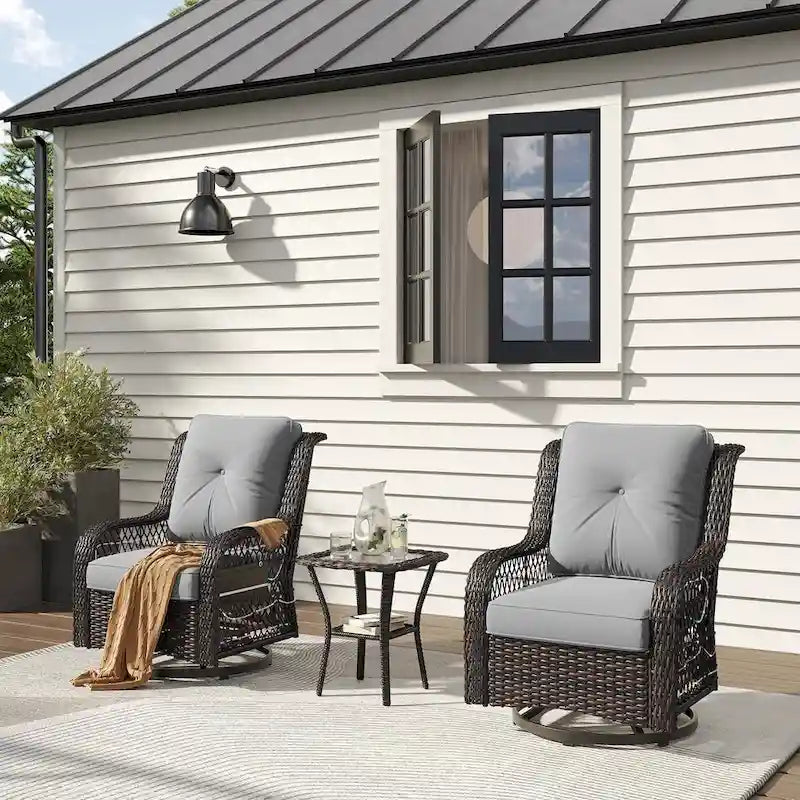Ensemble de 3 fauteuils à bascule d'extérieur en rotin avec éclairage LED, coussins et table d'appoint