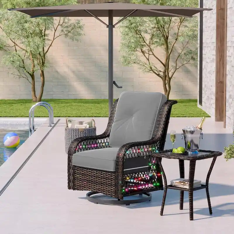 Ensemble de 3 fauteuils à bascule d'extérieur en rotin avec éclairage LED, coussins et table d'appoint