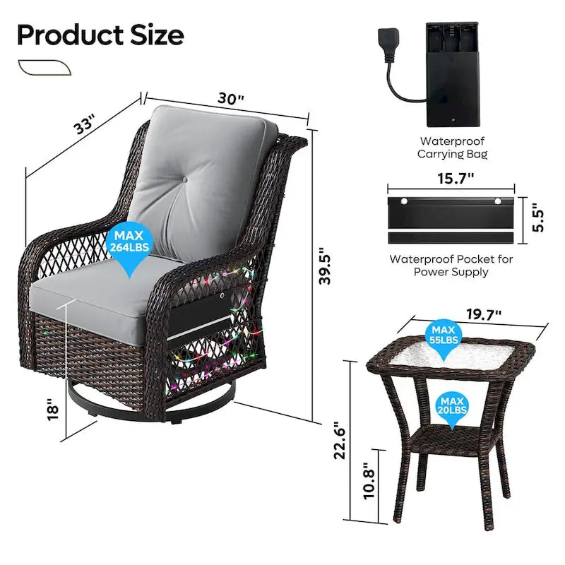 Ensemble de 3 fauteuils à bascule d'extérieur en rotin avec éclairage LED, coussins et table d'appoint