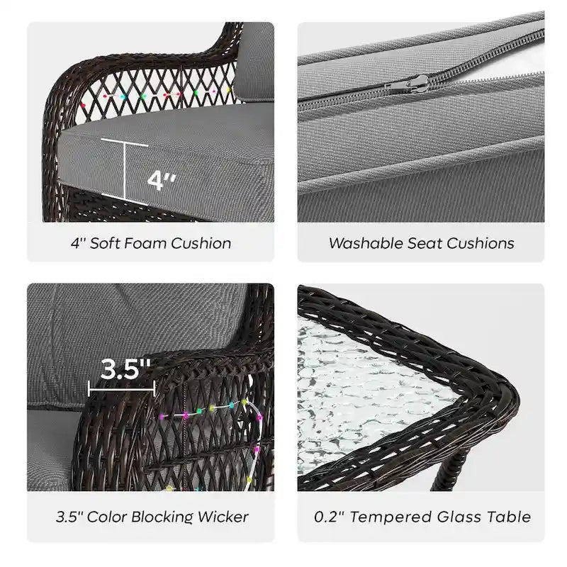 Ensemble de 3 fauteuils à bascule d'extérieur en rotin avec éclairage LED, coussins et table d'appoint