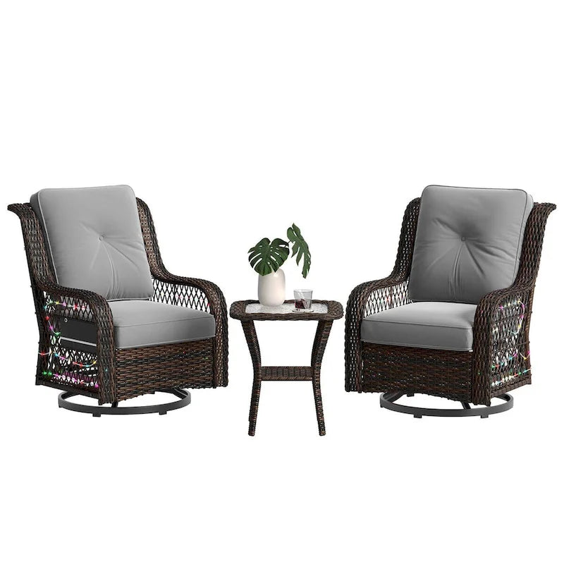 Ensemble de 3 fauteuils à bascule d'extérieur en rotin avec éclairage LED, coussins et table d'appoint