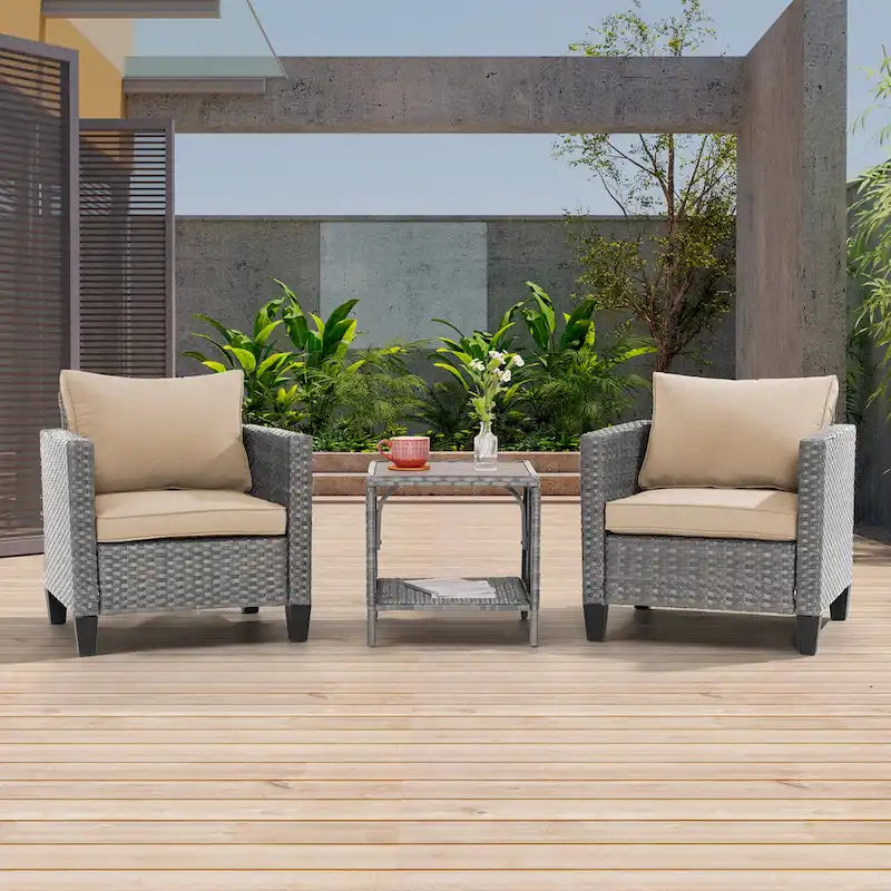 LIVOOSUN 3-Piece Patio Sofa Set Gray Rattan Outdoor Chair with Side Table