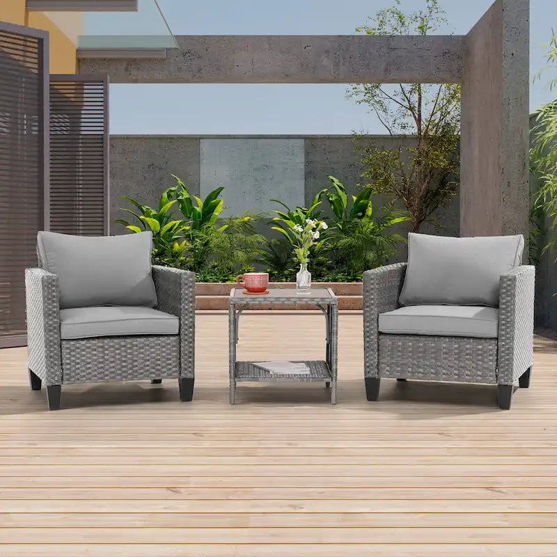 LIVOOSUN Ensemble de canapé de patio 3 pièces en rotin gris avec table d'appoint