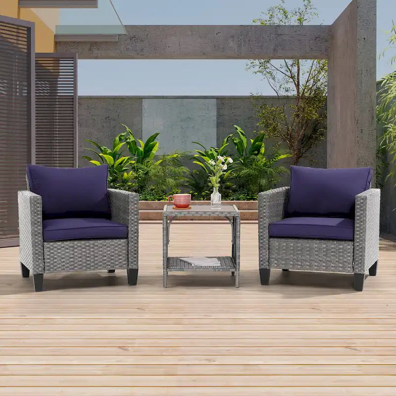 LIVOOSUN Ensemble de canapé de patio 3 pièces en rotin gris avec table d'appoint