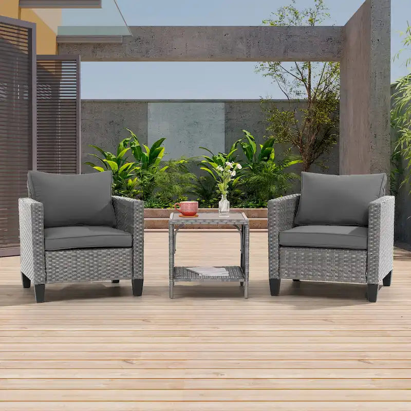 LIVOOSUN Ensemble de canapé de patio 3 pièces en rotin gris avec table d'appoint