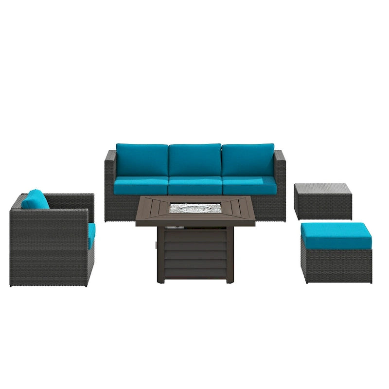 Corvus Trey Ensemble de sept meubles de jardin en osier avec table brasero