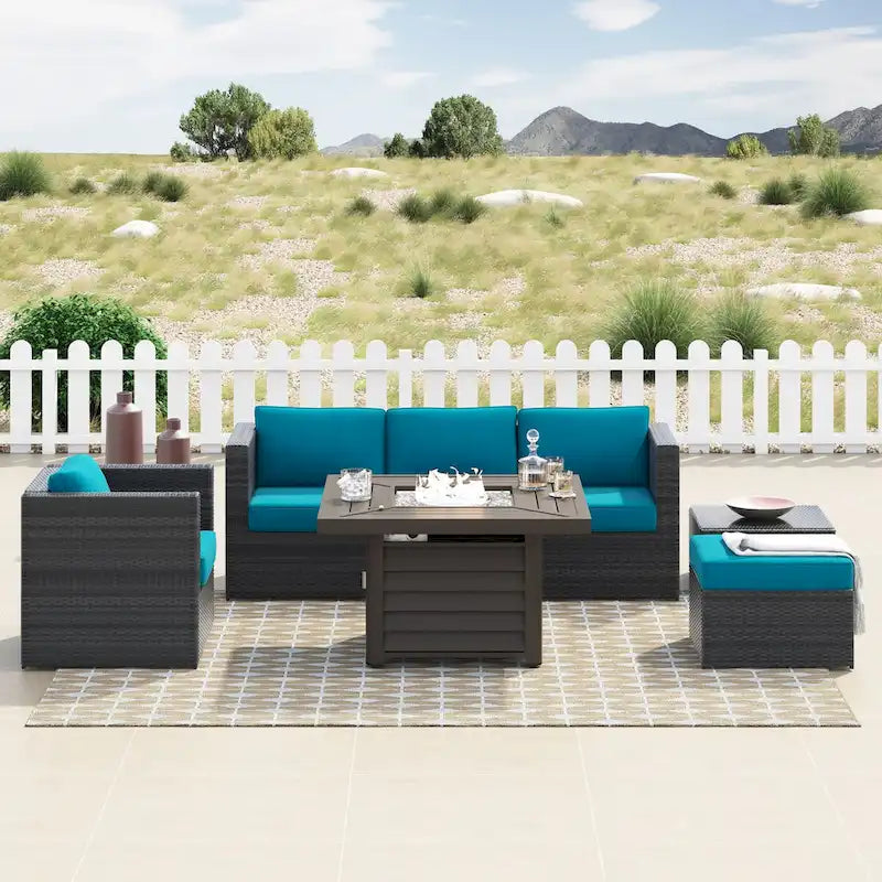Corvus Trey Ensemble de sept meubles de jardin en osier avec table brasero