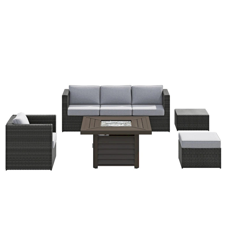 Corvus Trey Ensemble de sept meubles de jardin en osier avec table brasero