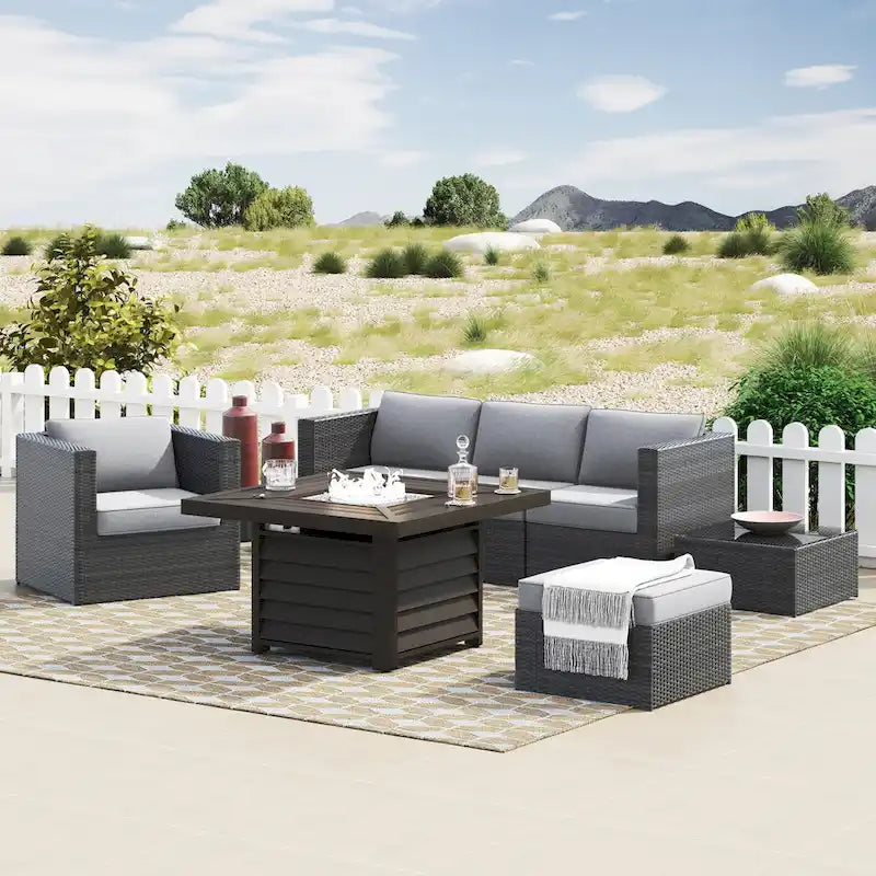 Corvus Trey Ensemble de sept meubles de jardin en osier avec table brasero
