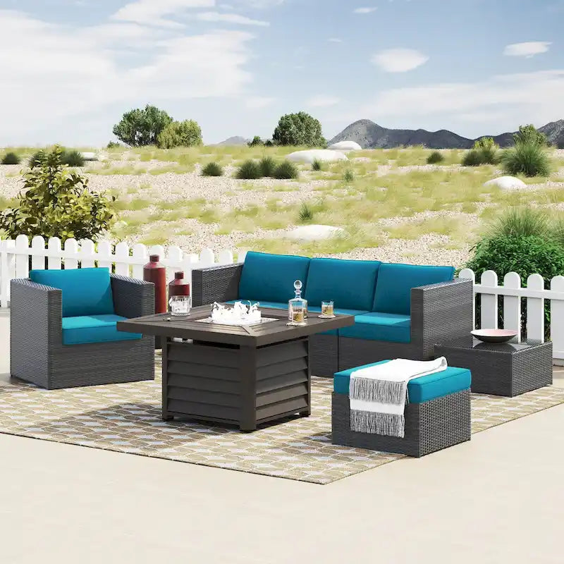 Corvus Trey Ensemble de sept meubles de jardin en osier avec table brasero