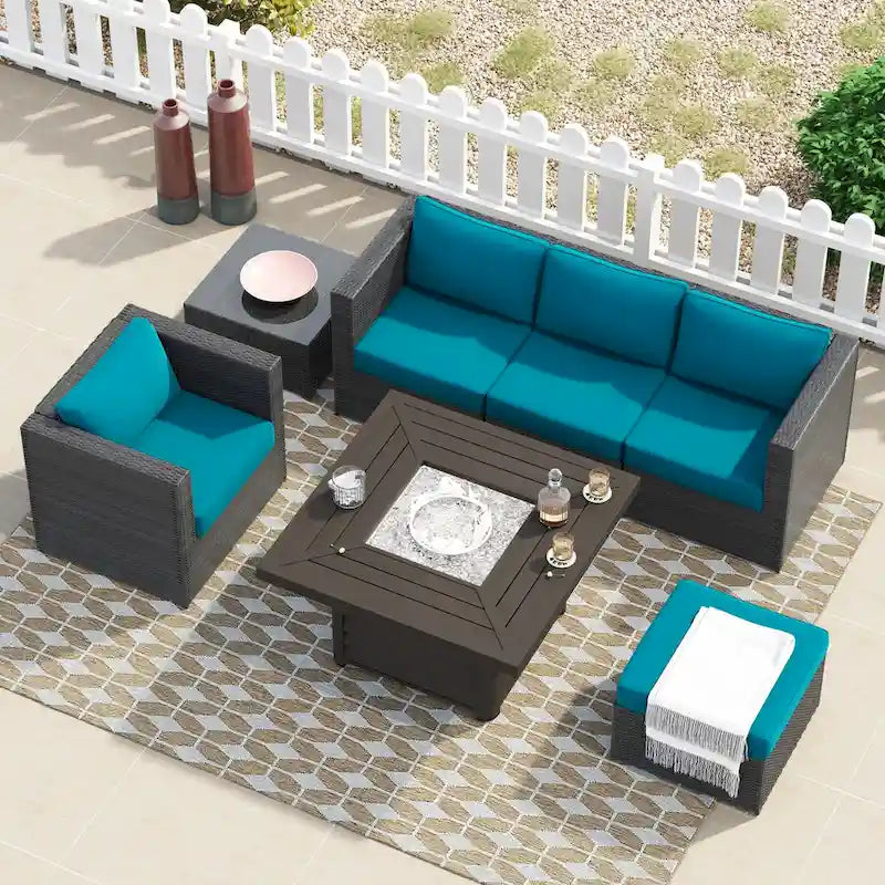Corvus Trey Ensemble de sept meubles de jardin en osier avec table brasero