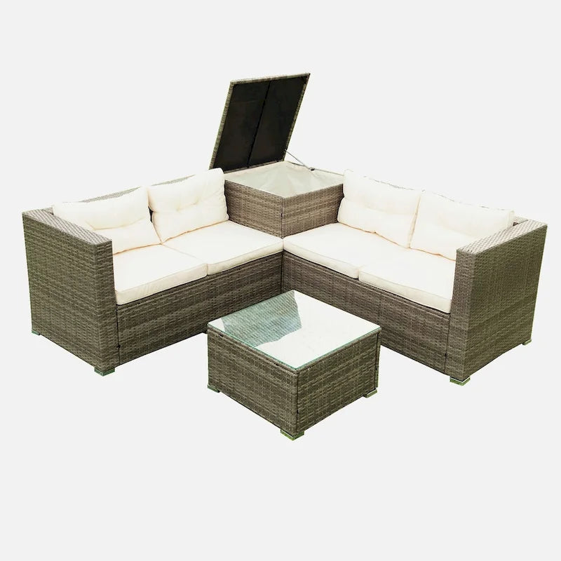 Ensemble de canapé d'extérieur en rotin tressé 4 pièces avec coffre de rangement