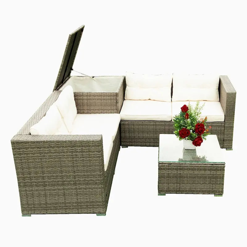 Ensemble de canapé d'extérieur en rotin tressé 4 pièces avec coffre de rangement