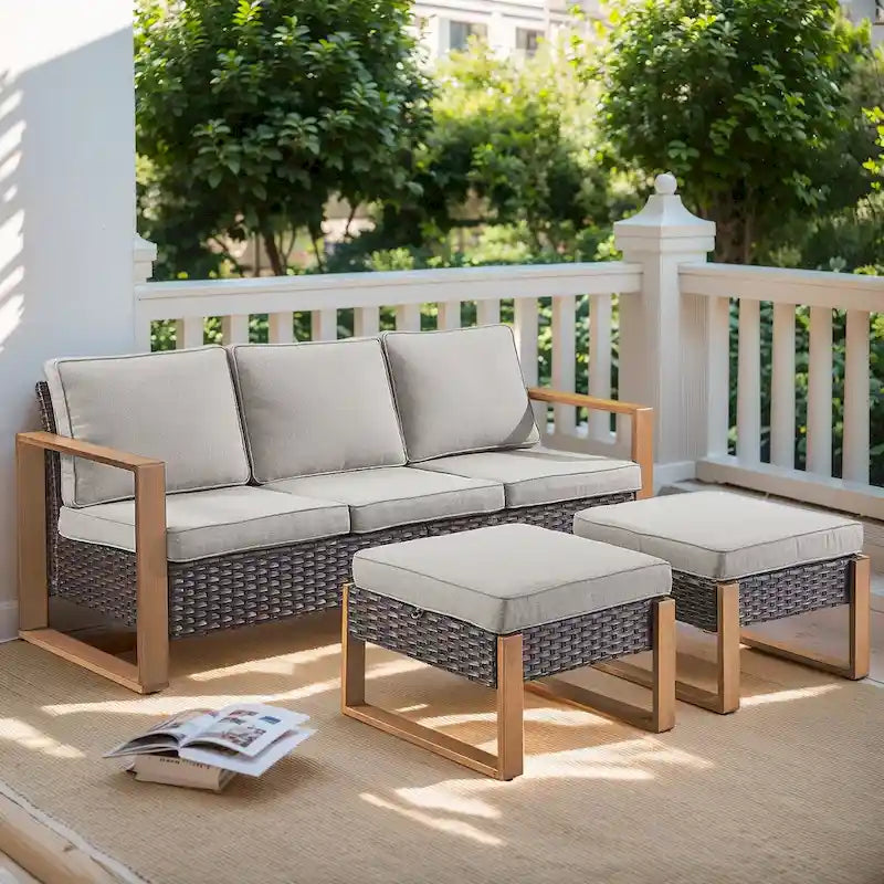 Gymojoy Canapé d'extérieur en rotin PE avec pouf - Marron