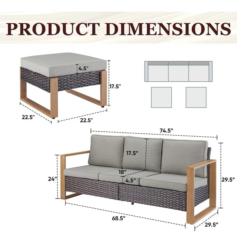 Gymojoy Canapé d'extérieur en rotin PE avec pouf - Marron