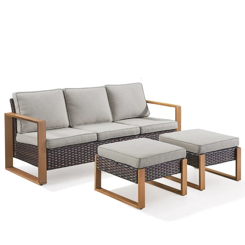 Gymojoy Canapé d'extérieur en rotin PE avec pouf - Marron