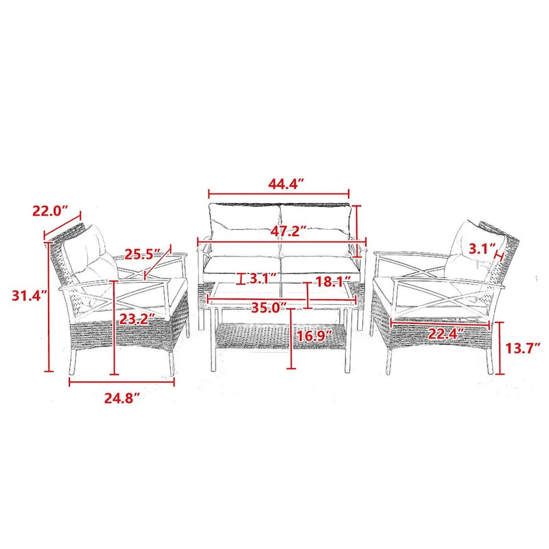 Ensemble de canapé de jardin 4 pièces en rotin gris avec coussin et table en acier pour repas et conversation