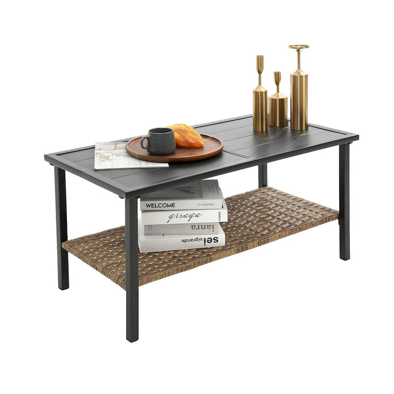 Ensemble de canapé de jardin 4 pièces en rotin gris avec coussin et table en acier pour repas et conversation