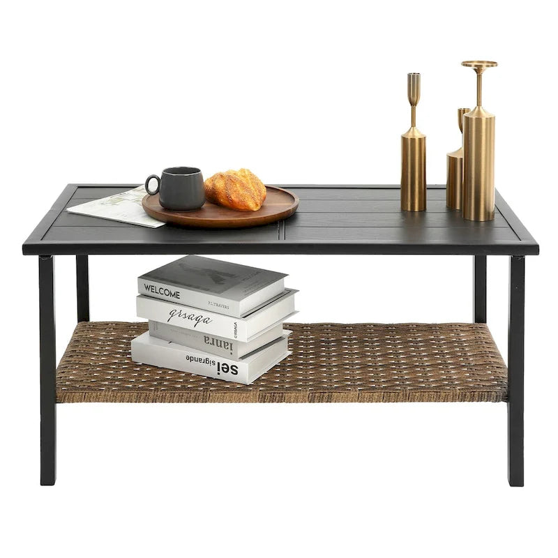 Ensemble de canapé de jardin 4 pièces en rotin gris avec coussin et table en acier pour repas et conversation