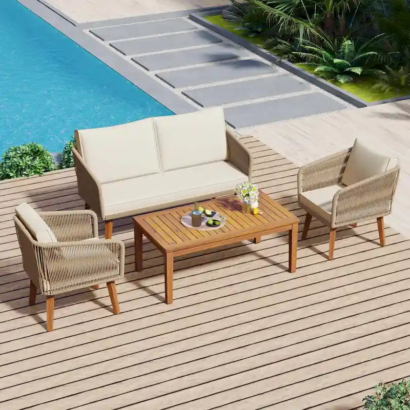 Ensemble de conversation d'extérieur 4 pièces avec table et coussins, pour jardin