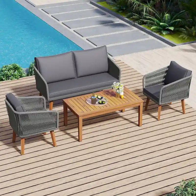 Ensemble de conversation d'extérieur 4 pièces avec table et coussins, pour jardin