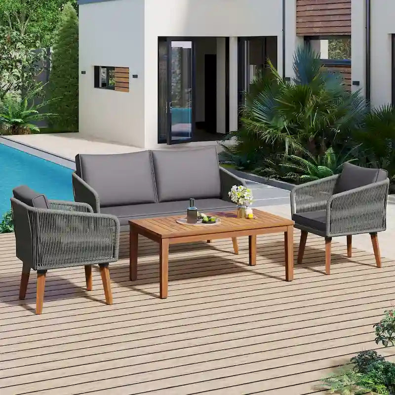 Ensemble de conversation d'extérieur 4 pièces avec table et coussins, pour jardin