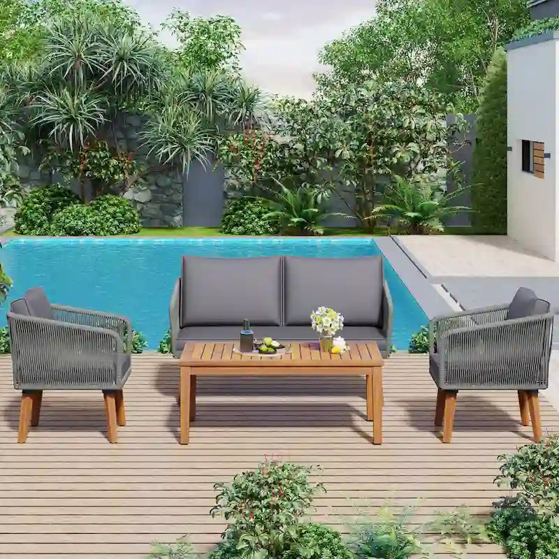 Ensemble de conversation d'extérieur 4 pièces avec table et coussins, pour jardin