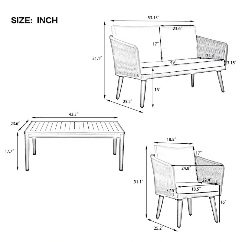 Ensemble de conversation d'extérieur 4 pièces avec table et coussins, pour jardin
