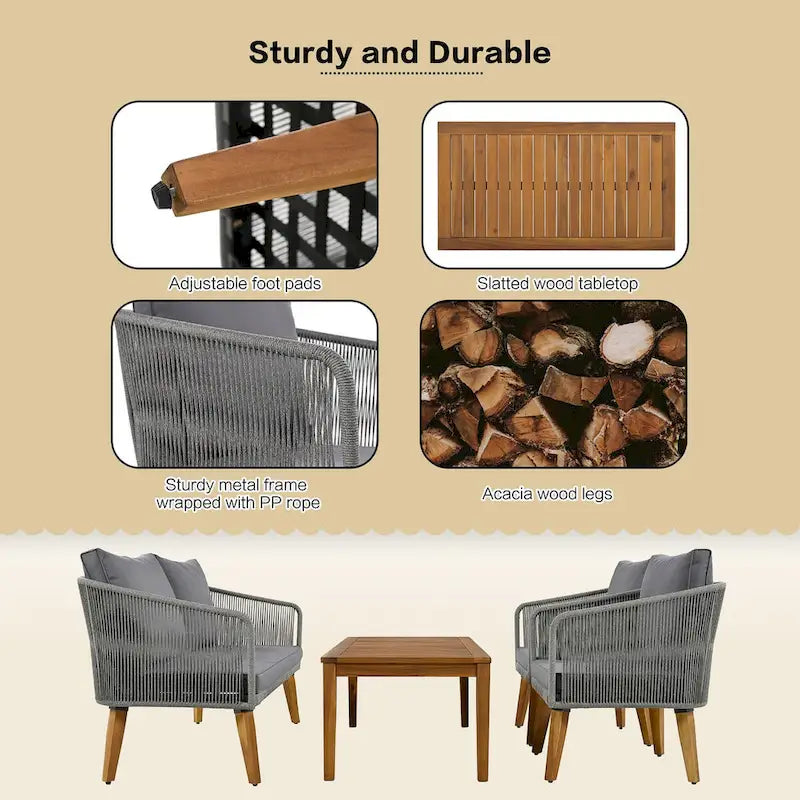 Ensemble de conversation d'extérieur 4 pièces avec table et coussins, pour jardin