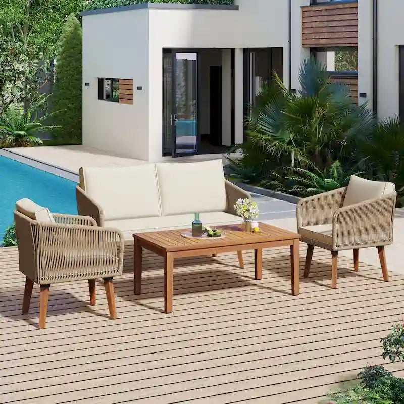 Ensemble de conversation d'extérieur 4 pièces avec table et coussins, pour jardin