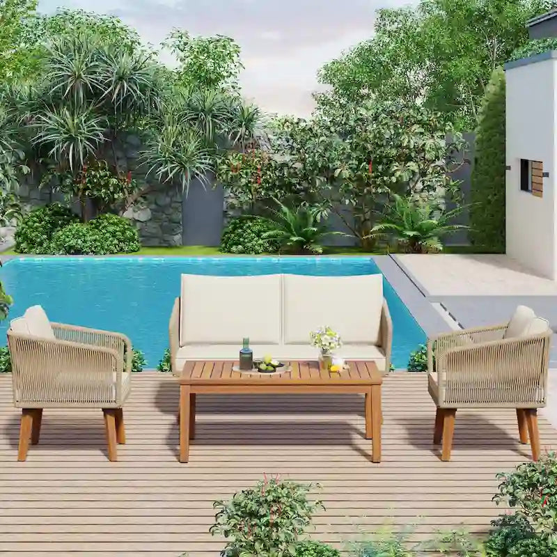 Ensemble de conversation d'extérieur 4 pièces avec table et coussins, pour jardin