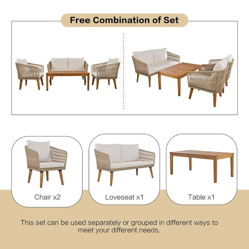 Ensemble de conversation d'extérieur 4 pièces avec table et coussins, pour jardin