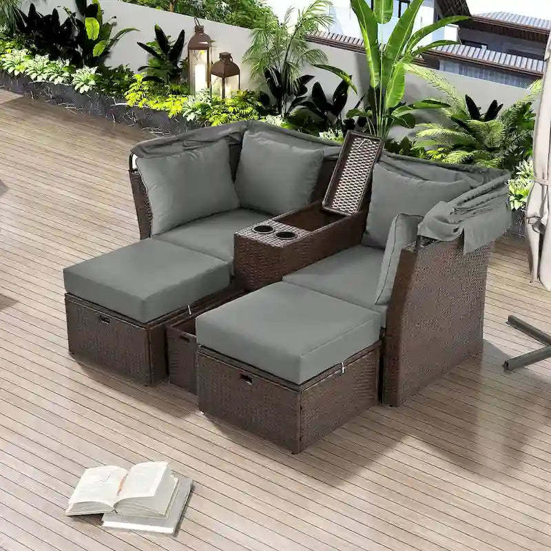 Lit de repos d'extérieur 2 places, lit de repos double d'extérieur, ensemble de canapé de jardin avec auvent pliable et coussins