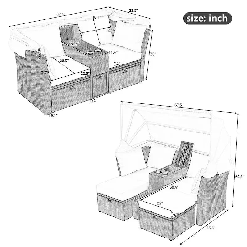 Lit de repos d'extérieur 2 places, lit de repos double d'extérieur, ensemble de canapé de jardin avec auvent pliable et coussins