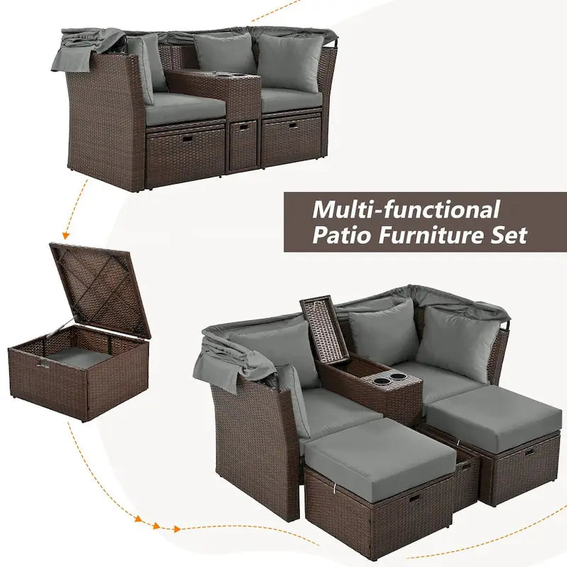 Lit de repos d'extérieur 2 places, lit de repos double d'extérieur, ensemble de canapé de jardin avec auvent pliable et coussins