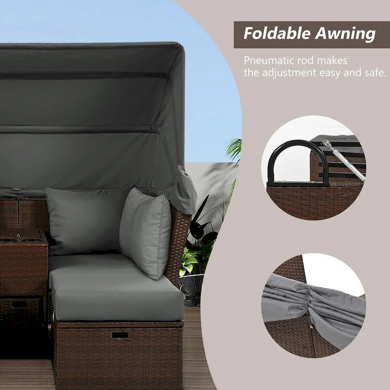 Lit de repos d'extérieur 2 places, lit de repos double d'extérieur, ensemble de canapé de jardin avec auvent pliable et coussins
