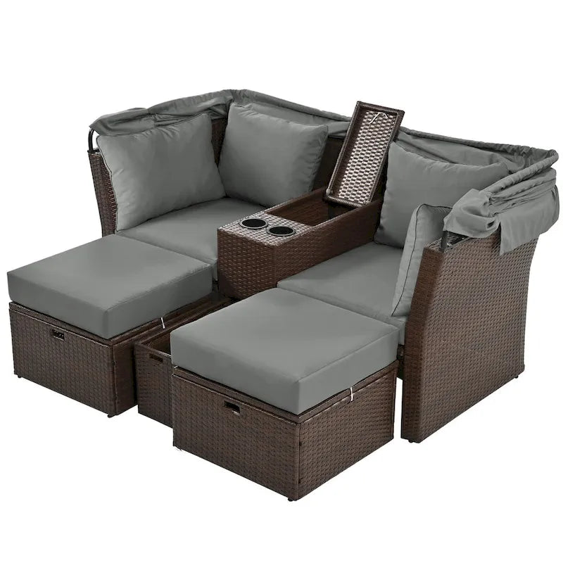 Lit de repos d'extérieur 2 places, lit de repos double d'extérieur, ensemble de canapé de jardin avec auvent pliable et coussins