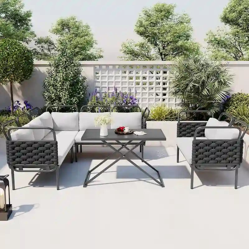 Ensemble de canapé d'angle de terrasse moderne 5 pièces, ensemble de meubles d'extérieur en corde tressée avec table en verre et coussins