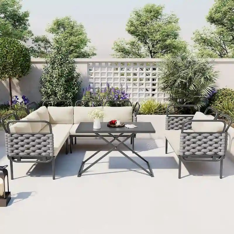Ensemble de canapé d'angle de terrasse moderne 5 pièces, ensemble de meubles d'extérieur en corde tressée avec table en verre et coussins