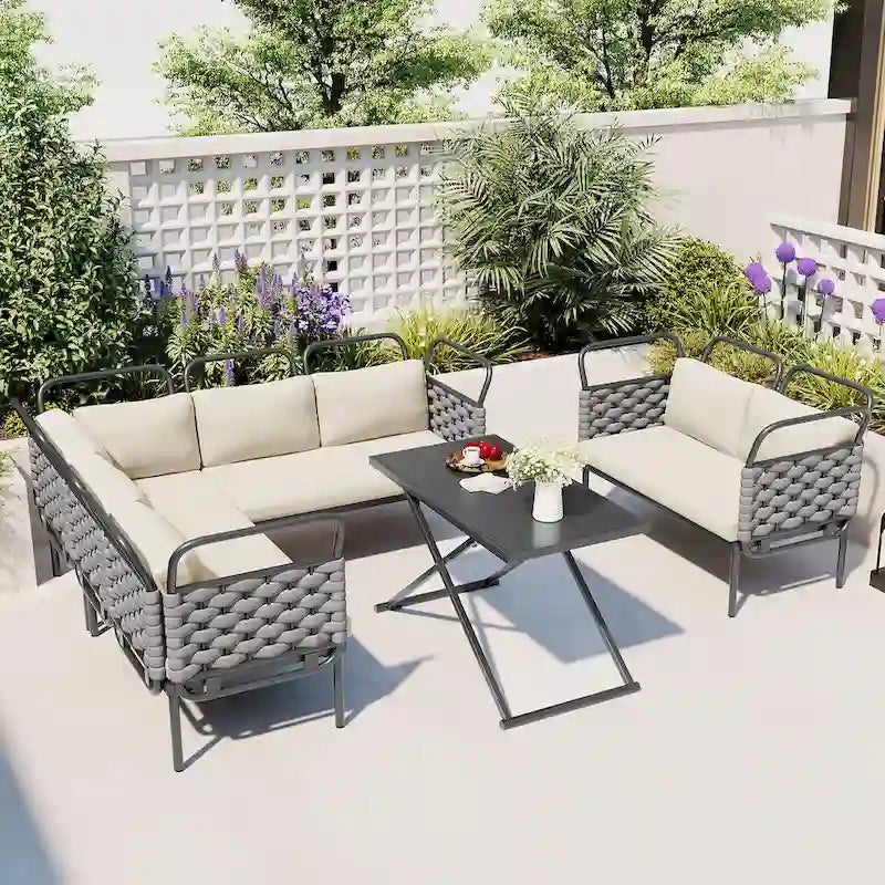 Ensemble de canapé d'angle de terrasse moderne 5 pièces, ensemble de meubles d'extérieur en corde tressée avec table en verre et coussins