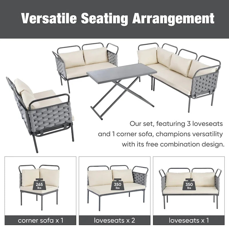 Ensemble de canapé d'angle de terrasse moderne 5 pièces, ensemble de meubles d'extérieur en corde tressée avec table en verre et coussins