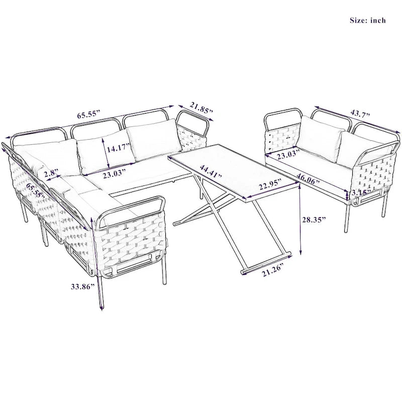 Ensemble de canapé d'angle de terrasse moderne 5 pièces, ensemble de meubles d'extérieur en corde tressée avec table en verre et coussins