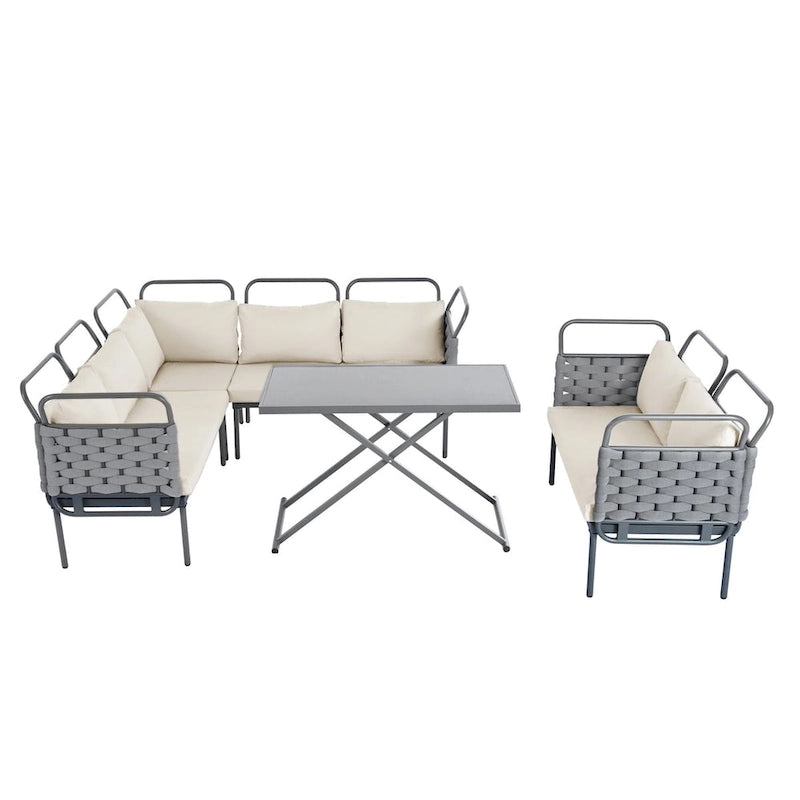 Ensemble de canapé d'angle de terrasse moderne 5 pièces, ensemble de meubles d'extérieur en corde tressée avec table en verre et coussins