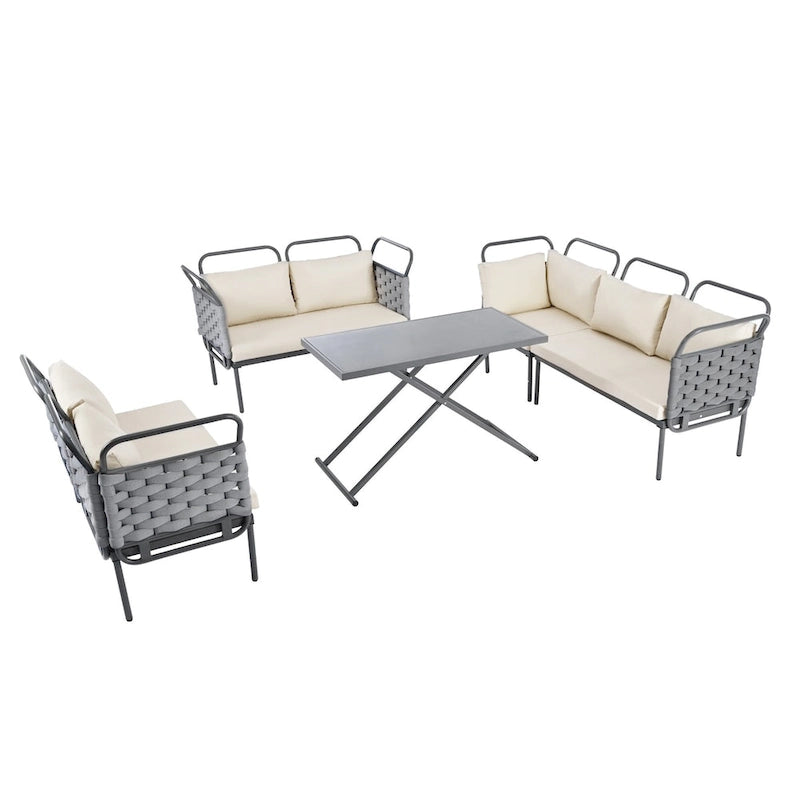 Ensemble de canapé d'angle de terrasse moderne 5 pièces, ensemble de meubles d'extérieur en corde tressée avec table en verre et coussins